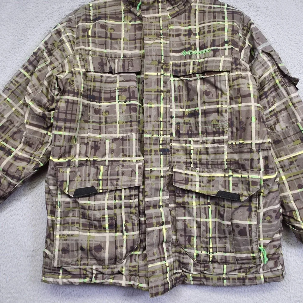 Columbia Jacket Youth 8 Brown Green Plaid Fleece Lined Insulate Outdoor Gorpcore